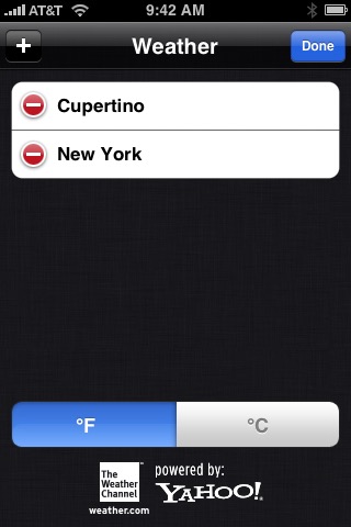 Weather Settings on iPhone (1st generation) running iPhone OS 1.0